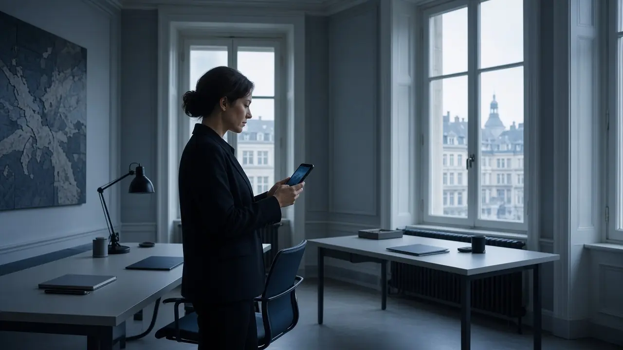 Bureau européen en début de journée : une personne consulte un téléphone près de hautes fenêtres.