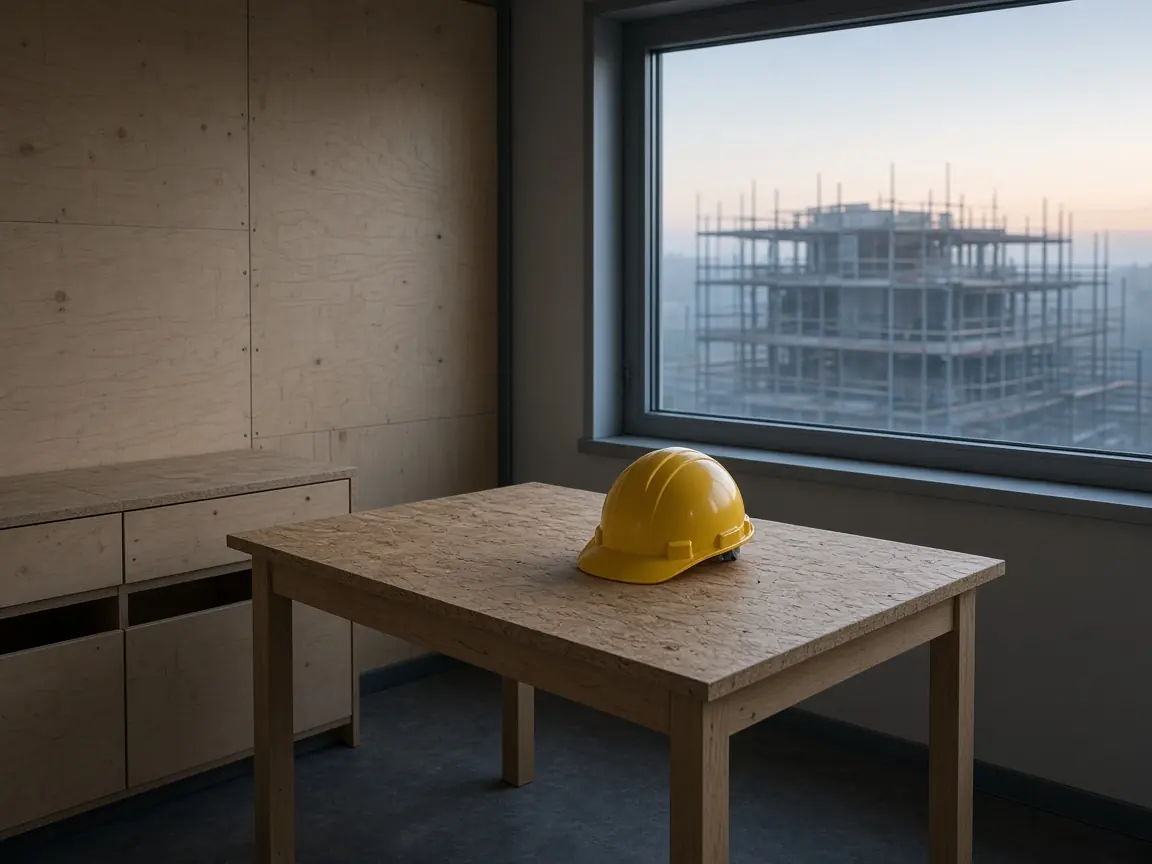 Cabane de chantier au petit matin : casque sur une table, échafaudage derrière la fenêtre.