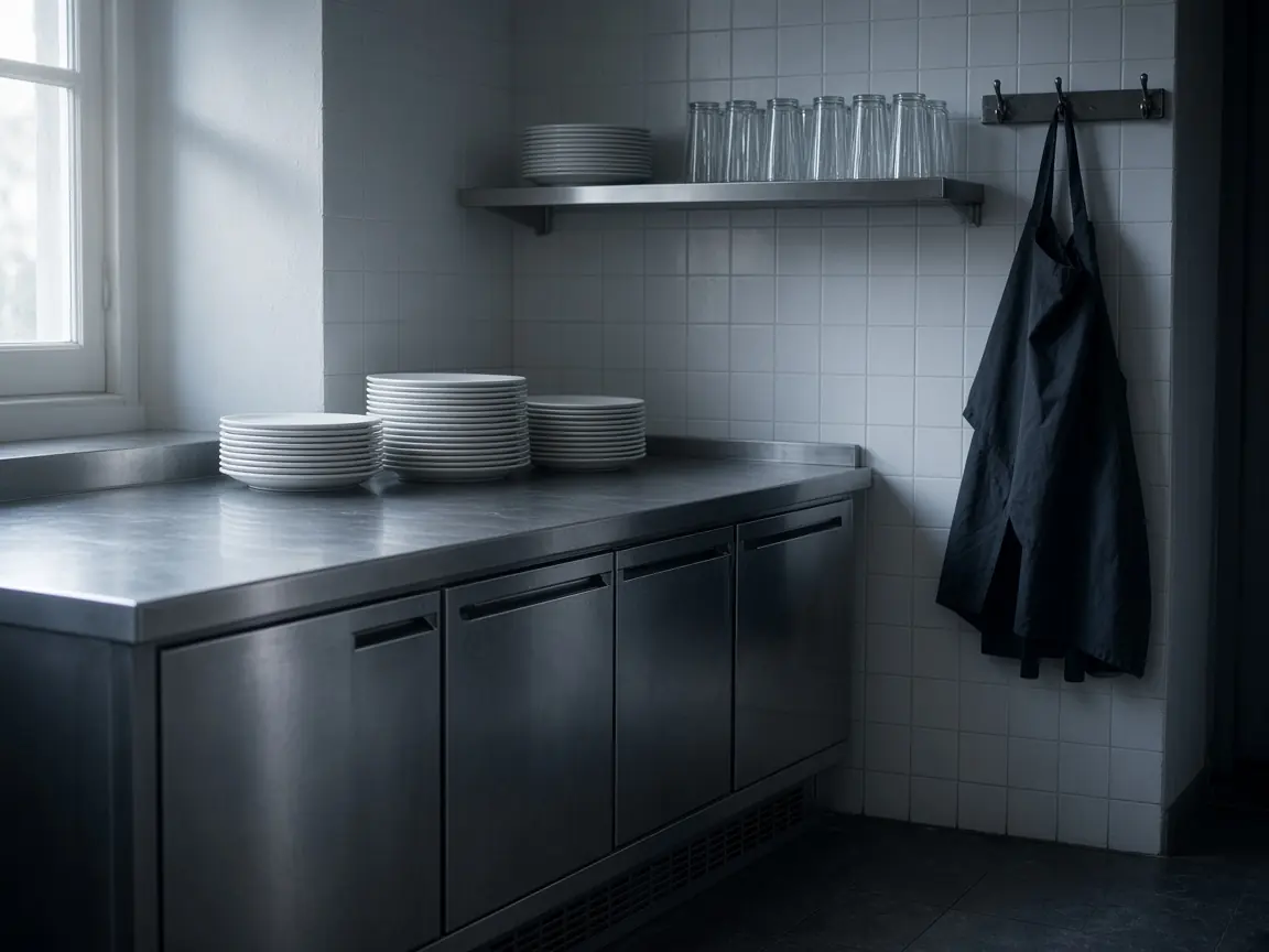Cuisine de restaurant avant le service : inox, assiettes empilées et tablier.